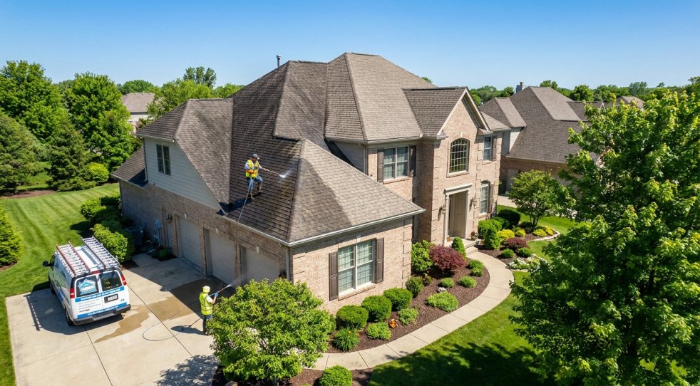 Roof cleaning crew pressure washing a suburban home's roof beside a service van and landscaped yard