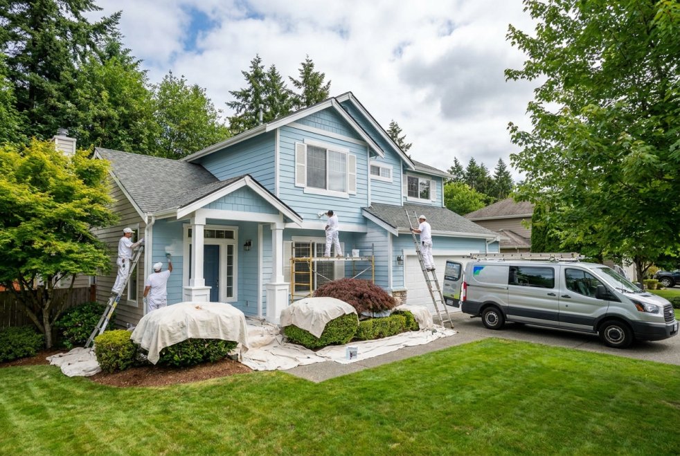 Painters repainting a light blue suburban house exterior with ladders, tarps, and service van