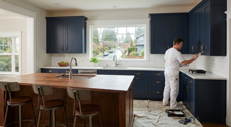 Painter refinishing dark blue kitchen cabinets in a Seattle home with island and window view