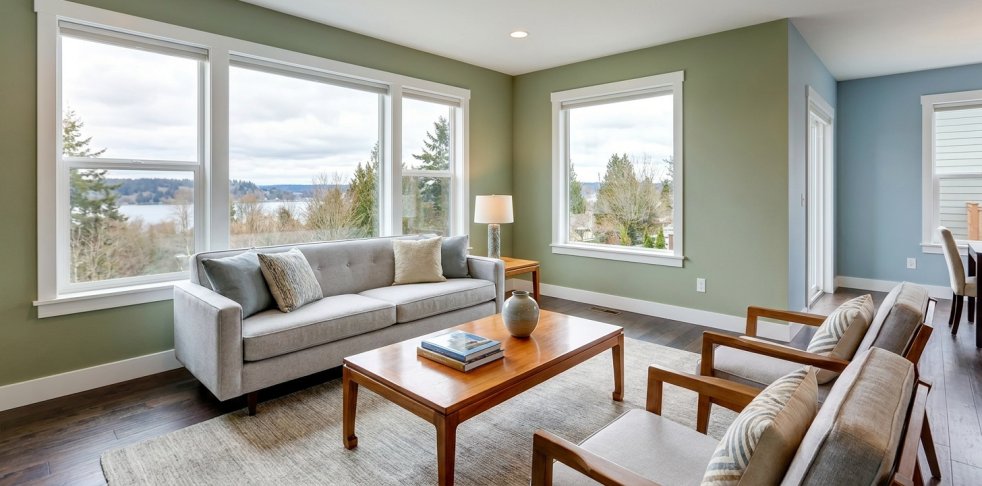 Bright, colorful living room with fresh painted walls, large windows, and modern furniture in a Seattle home