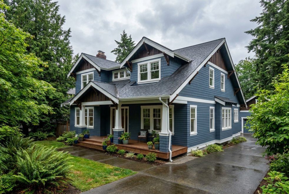 Blue two-story house with white trim and wet driveway surrounded by trees in Seattle