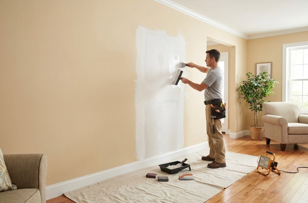 Contractor patching drywall in a bright living room with tools and drop cloth on the floor