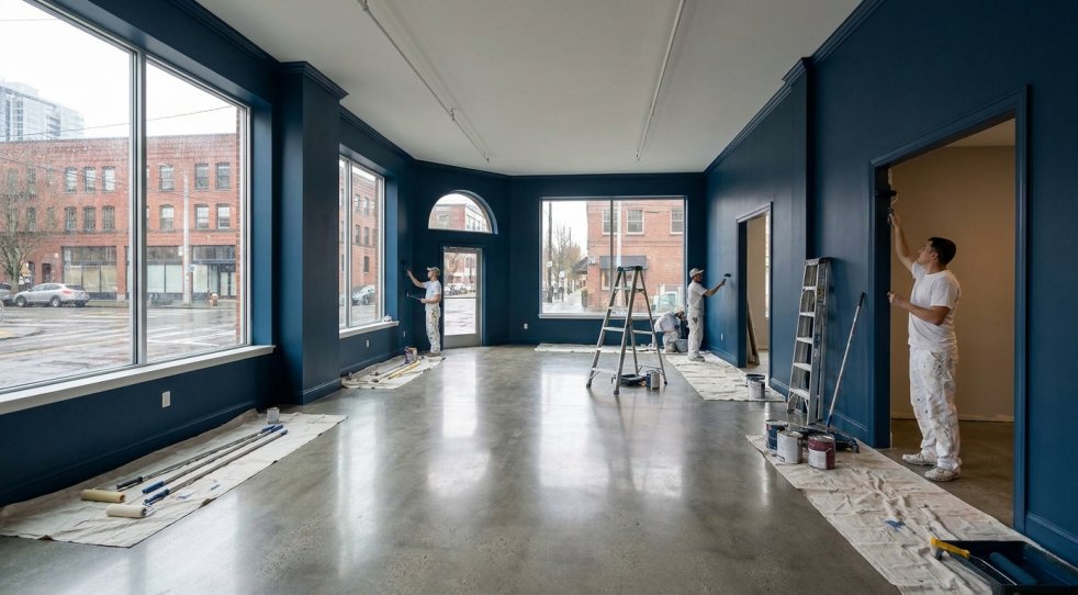 Painters applying dark blue paint inside a commercial building with large windows and ladders