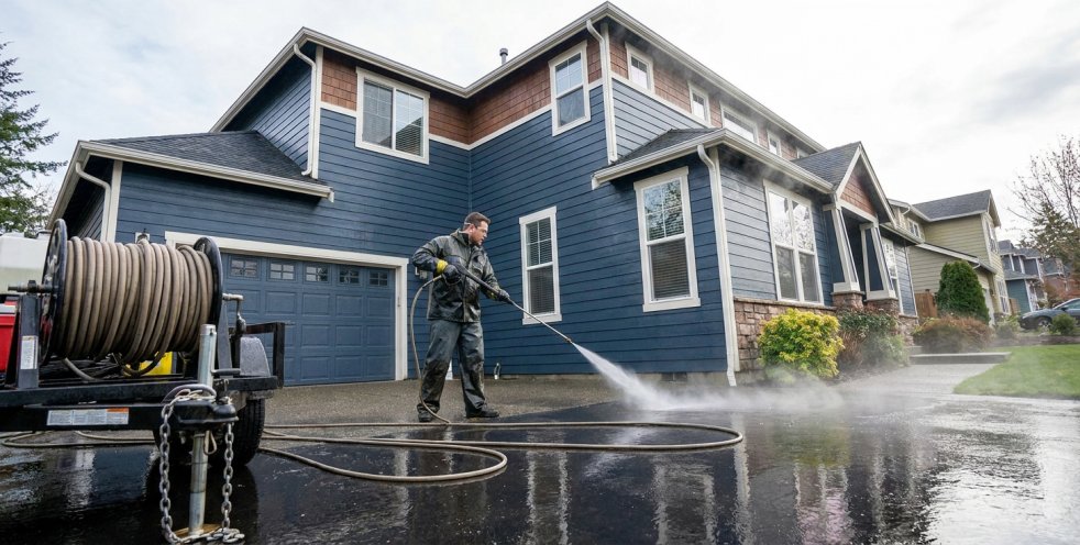Worker pressure washing a dark blue suburban home driveway in a Washington neighborhood