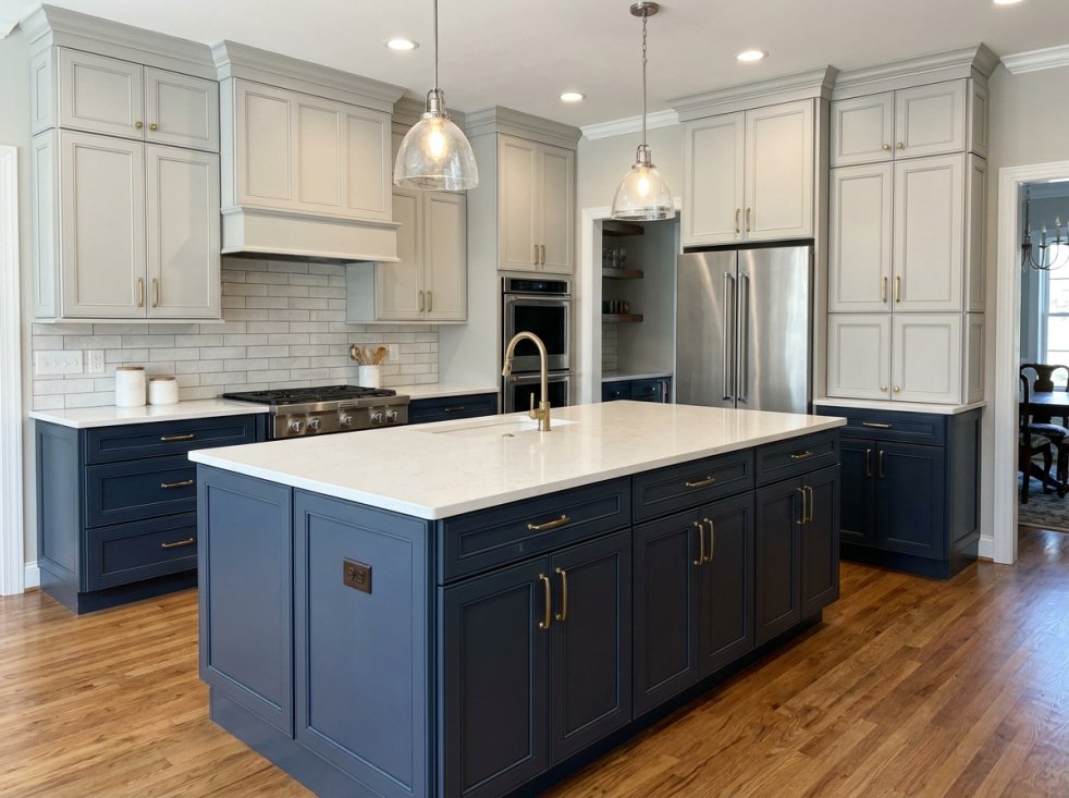 Elegant modern kitchen with dark blue island, white upper cabinets, stainless appliances, and quartz countertops.
